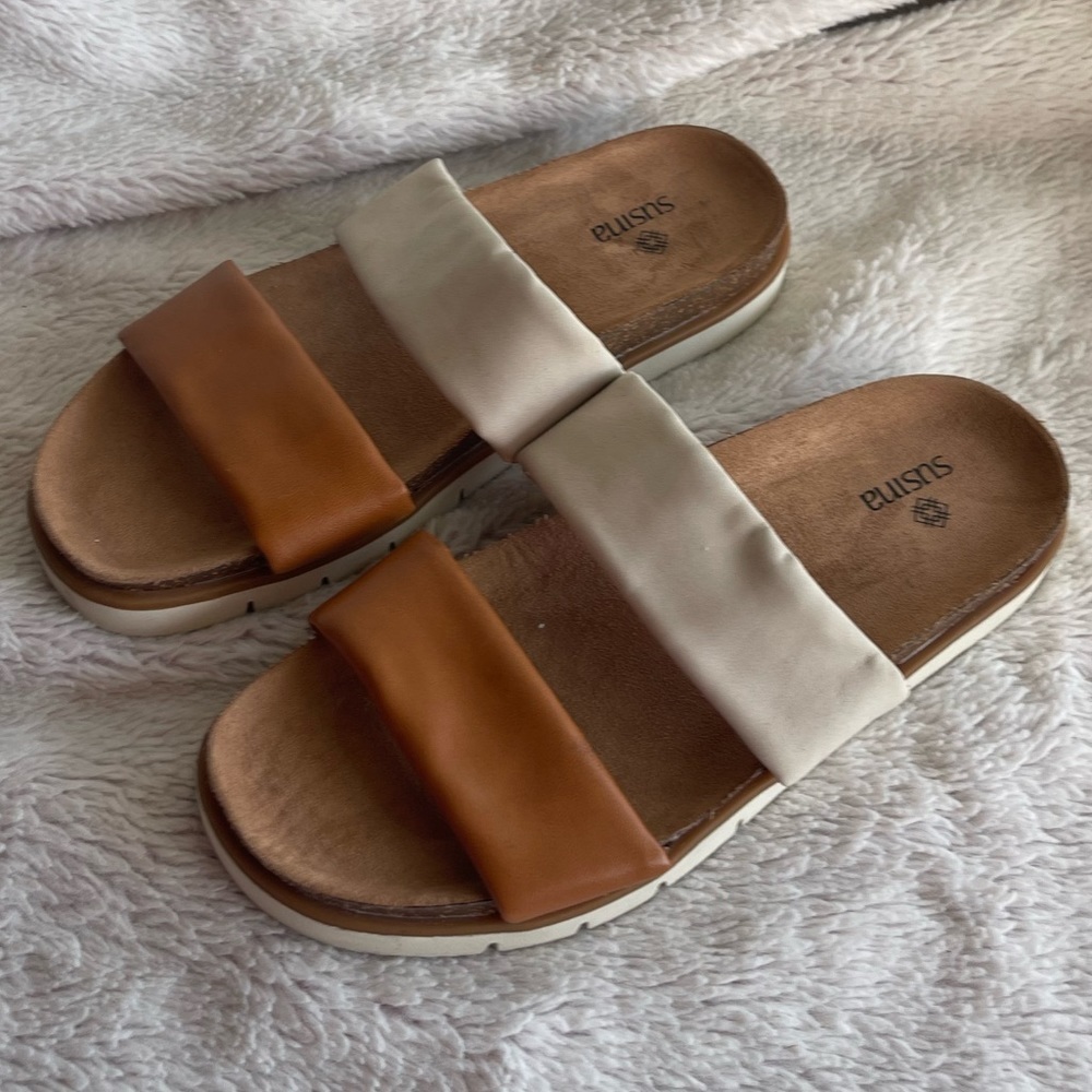 Susina Luisa vegan leather brown tan ivory chunky slide sandal